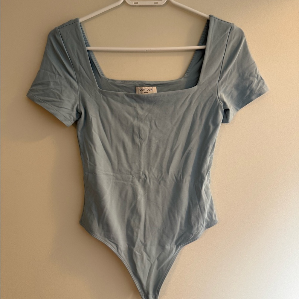 Aritzia Light Blue Square-Neck Short Sleeve Bodysuit